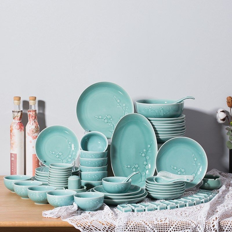 龙泉青瓷整套餐具碗碟盘套装家用陶瓷盘子米饭碗组合乔迁菜盘餐盘,餐饮具,碗,淘宝优惠券,粉丝福利购,淘宝优惠卷