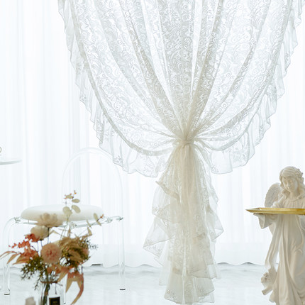 法式洛可可复古荷叶边蕾丝加厚白纱窗纱帘阳台卧室客厅半遮光窗帘