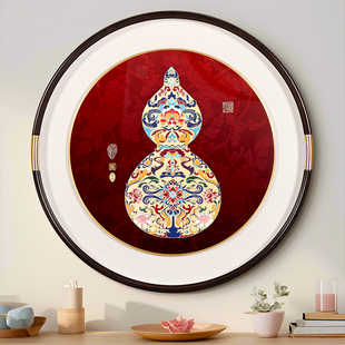 饰画手工雕刻圆形铜雕画新中式 葫芦吉祥玄关过道背景装 餐厅壁画