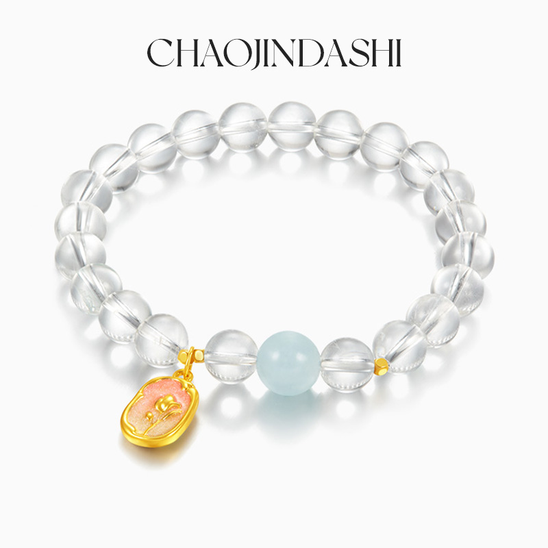 潮金大师足金郁金香白水晶手串