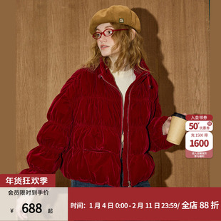 coolhut红色丝绒90绒泡芙短款羽绒服外套面包服2026冬季新款