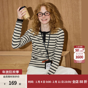 coolhut复古条纹修身显瘦内搭毛衣圆领长袖冬季新款女式打底衫