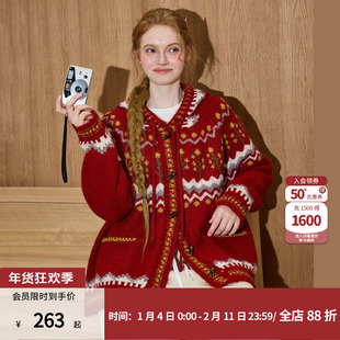 coolhut新年红色费尔岛提花牛角扣开衫毛衣2026春季新款针织衫女