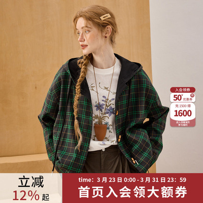 coolhut复古格纹连帽短外套女