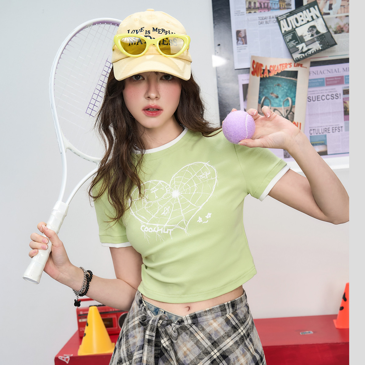 coolhut美式少女印花爱心撞色短款修生2025夏季女式T恤小众设计感