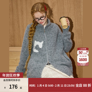 coolhut半高领灰色宽松拉链设计感猫咪图案拉链针织开衫女毛衣