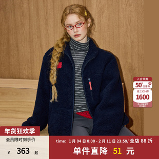 coolhut藏青色立领百搭仿羊羔毛棉服外套加厚冬季女款棉衣棉袄