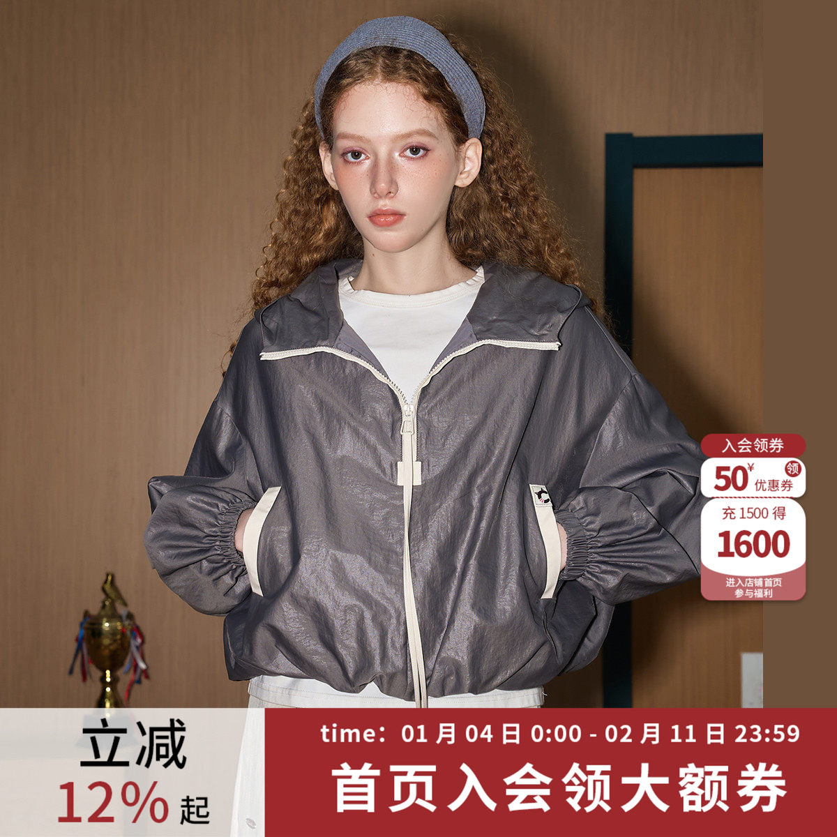 coolhut美式复古轻薄宽松休闲短款连帽户外春季女士外套透气运动