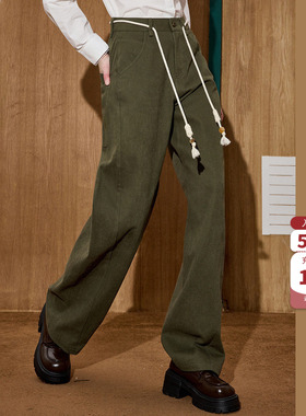 coolhut军绿色美式阔腿宽松系带高腰弯刀长裤冬季新款休闲裤女