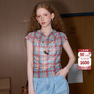 凉感短款荡领短袖复古格纹小衫