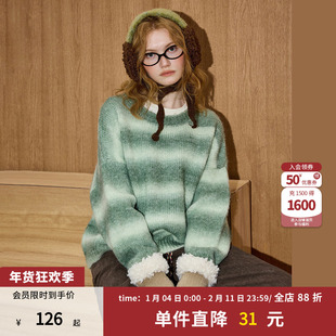 coolhut日系复古渐变撞色套头条纹慵懒风宽松2025冬季女式毛衣