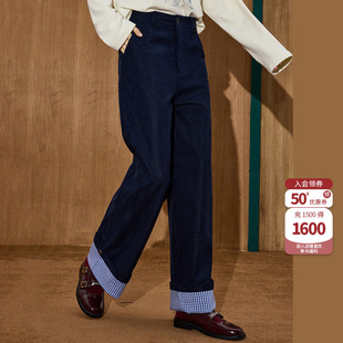 coolhut学院风脚口蓝色格子撞色灯芯绒直筒显瘦冬新款女式休闲裤