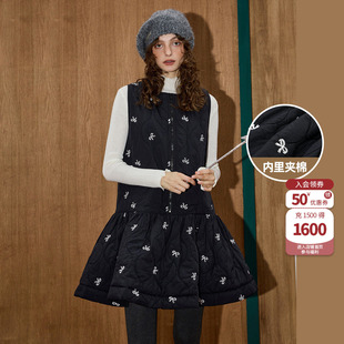 coolhut黑色刺绣蝴蝶结中长款连衣裙夹棉A字设计感2026春季新款女