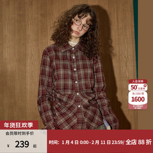 coolhut美式复古格纹抽褶设计感收腰百搭设计感冬季新款女士衬衫