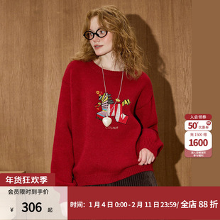 coolhut新年红色款小马图案圆领刺绣落肩休闲冬季女士毛衣针织衫