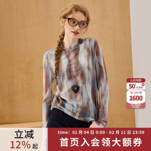 coolhut2026春季晕染印花网纱修身显瘦轻薄透视上衣女士打底衫