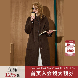 coolhut美拉德连帽抽绳毛呢含羊毛中长款气质2025冬季女式大衣