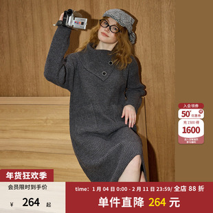 coolhut优雅风灰色针织连衣裙女长袖高领气质小个子中长款开衫裙