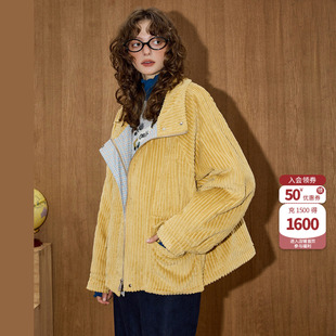 coolhut黄色条绒翻领灯芯绒拼接保暖派克服冬季新款女士棉衣外套