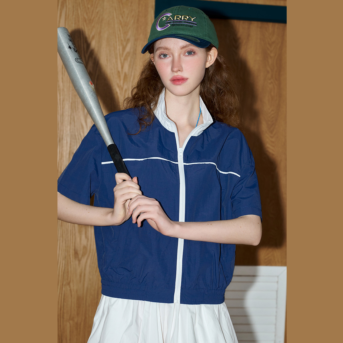 coolhut拼色立领拉链短袖外套宽松休闲2025夏季女式夹克上衣撞色