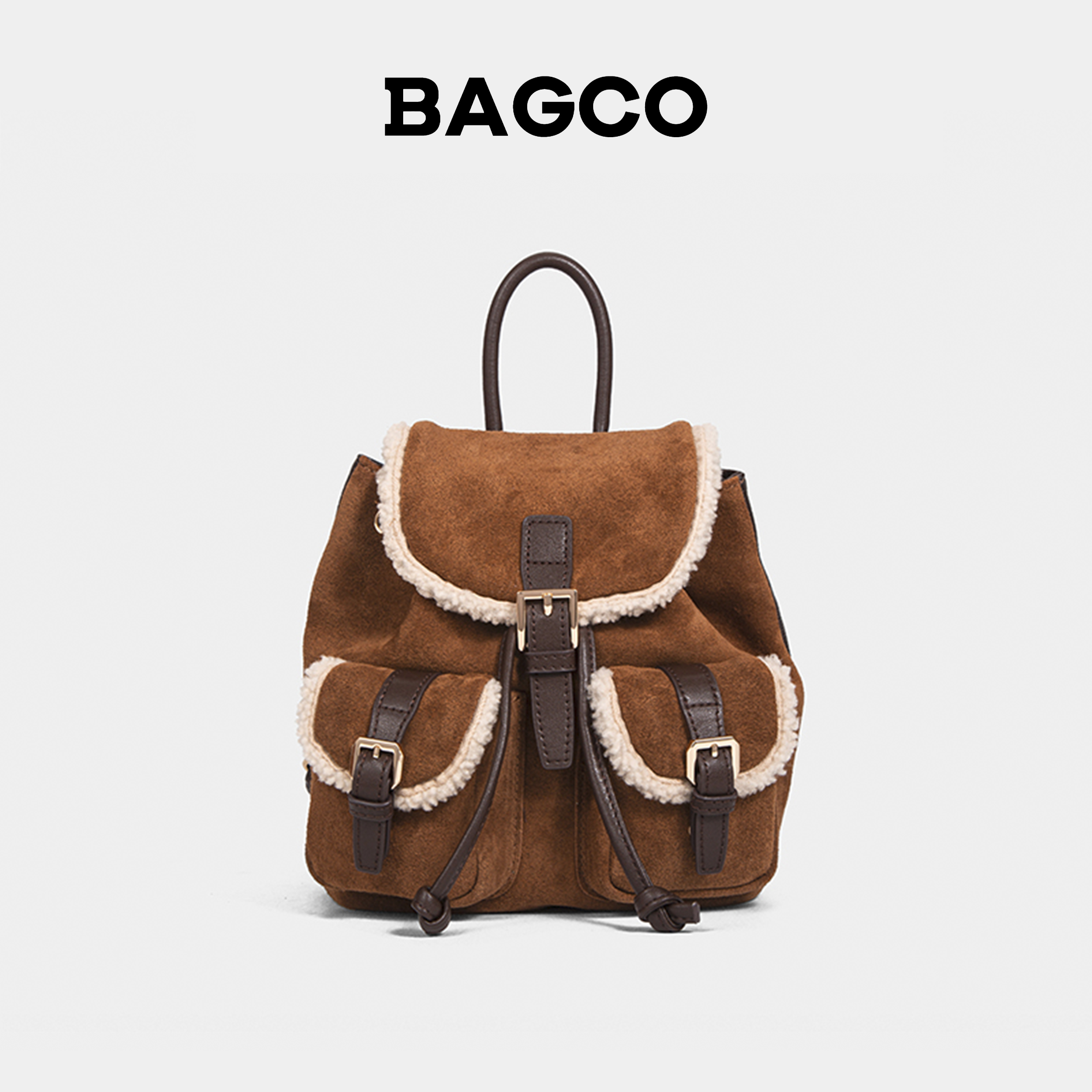 【预售】BAGCO秋冬新款羊羔绒磨砂牛皮双肩包复古感通勤百搭背包