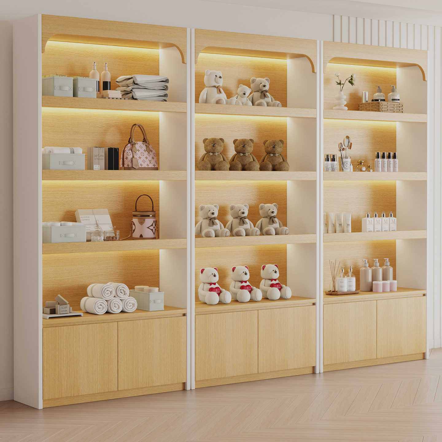 原木风化妆品展示柜产品美容院美甲陈列宠物护肤品置物架多层货架