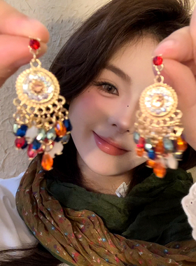 Niko波西米亚风彩色水晶流苏耳环女耳坠复古民族风耳钉独特耳饰