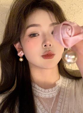 浪漫出圈~粉色玫瑰花朵珍珠耳环女高级感耳钉高级感温柔气质耳饰