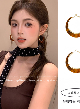 港风复古棕色c型圈圈耳环女轻奢高级感气质耳钉夸张耳饰2025新款