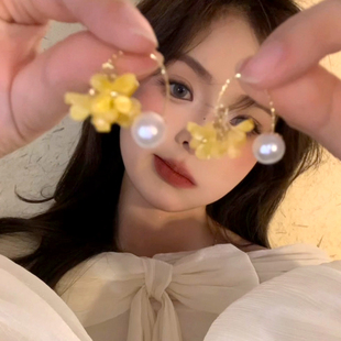 Niko超仙桂花珍珠流苏耳环女黄色花朵高级感耳钉秋日独特精致耳饰