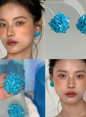 海蓝色手工串珠耳环女