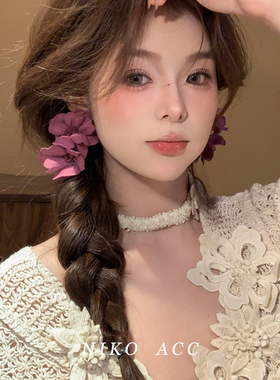 氛围感紫色花朵耳环女