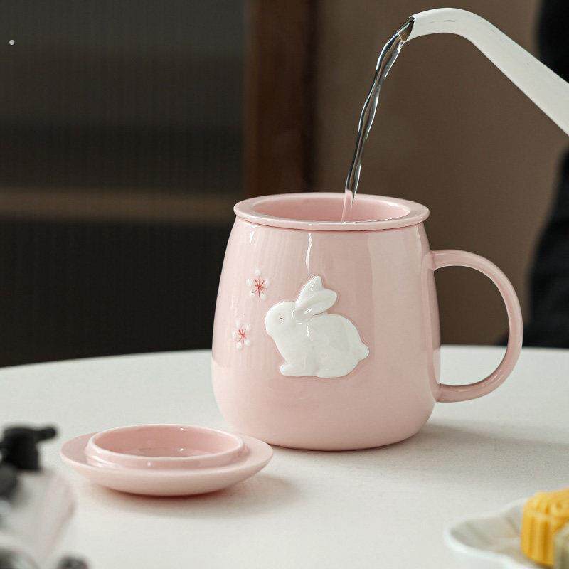 陶瓷兔子泡茶杯茶水分离办公室喝茶马克杯子带盖过滤女士个人