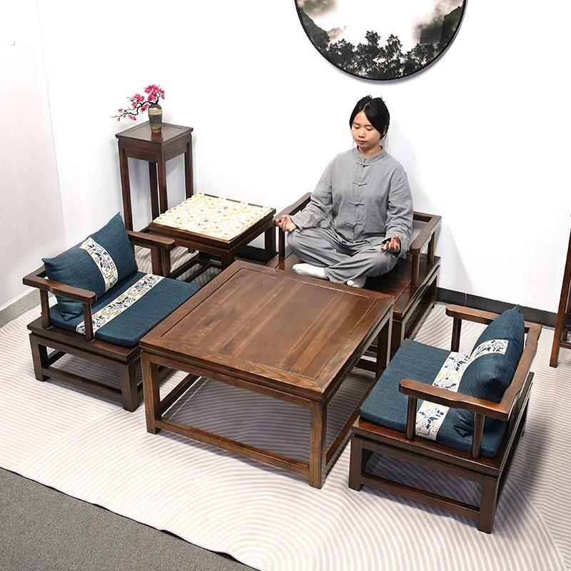 新中式加厚加粗实木打坐禅椅榆木圈椅围椅盘腿茶室木椅矮凳休闲