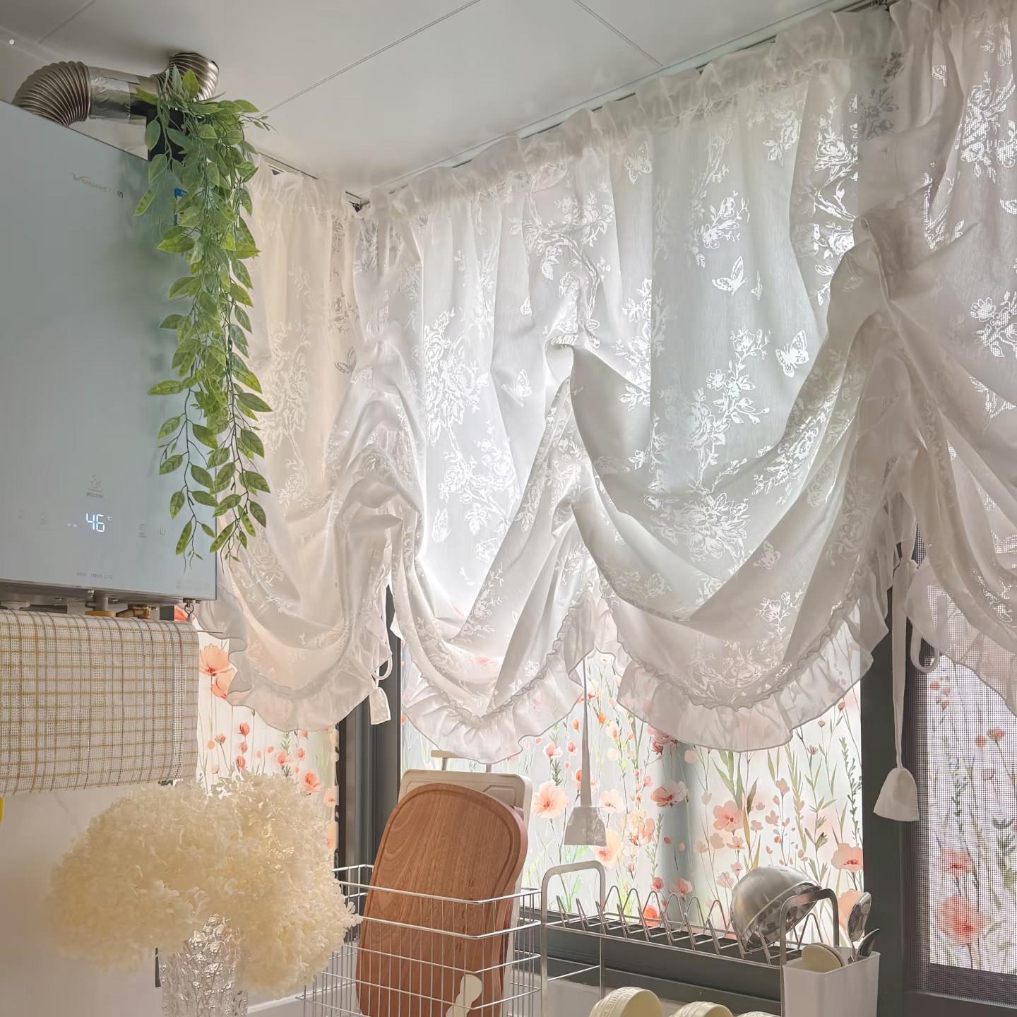 法式复古风提拉帘厨房短门帘装饰遮挡帘透光不透人白色纱帘免打孔