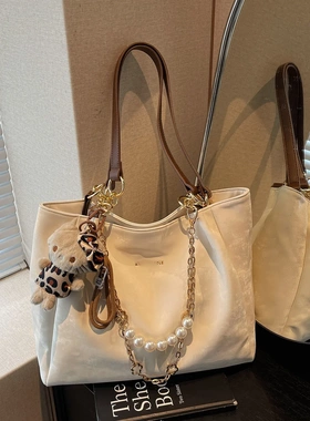 跨境风潮女包2025新款百搭通勤质感珍珠链条大容量休闲单肩托特包