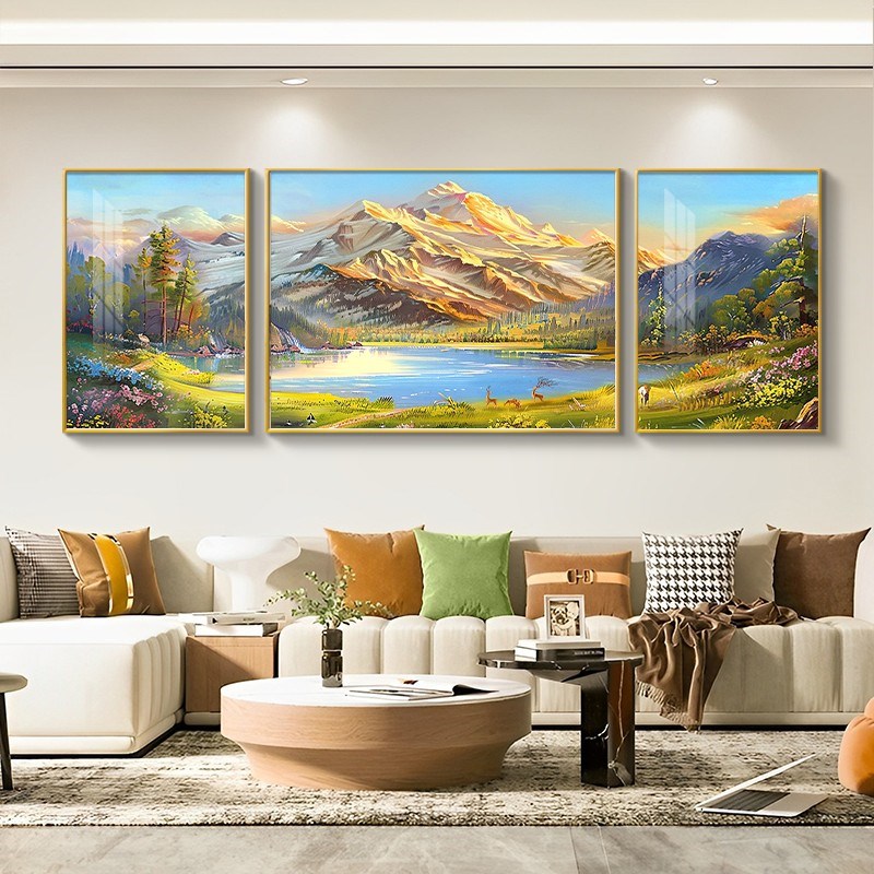 山水画靠山图客厅装饰画手绘油画沙发背景墙挂画2024新款三联壁画图片