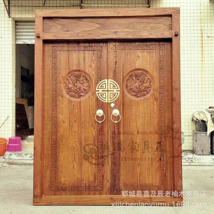 定制中式榆木实木仿古别墅木门庭院门老式酒店茶楼仿古双开进户门