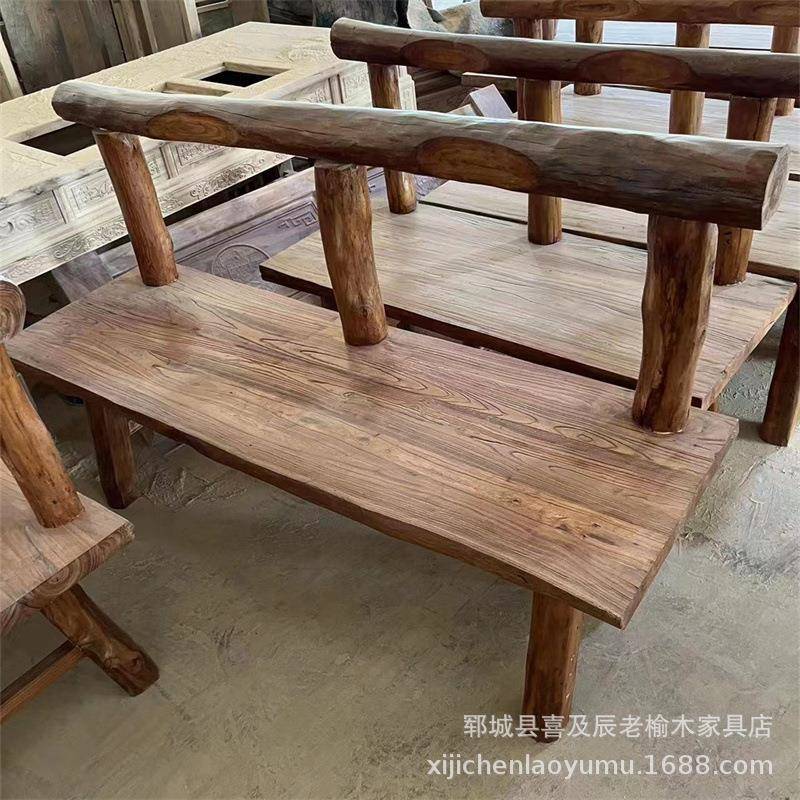 老榆木实木桌椅组合复古风化老木板餐桌禅意茶桌民宿餐桌木长条凳