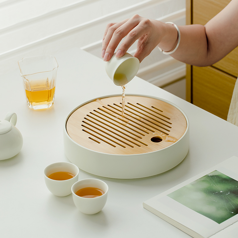 拓土奶油黄陶瓷小茶盘现代简约家用竹制托盘迷你干泡茶台功夫茶具
