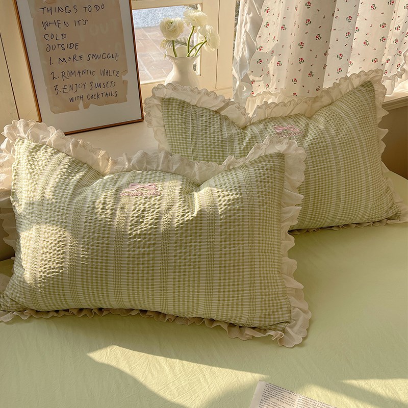 仙美蕾丝花边泡泡纱枕套可爱刺绣蝴蝶结亲肤枕头罩内胆套枕罩枕袋