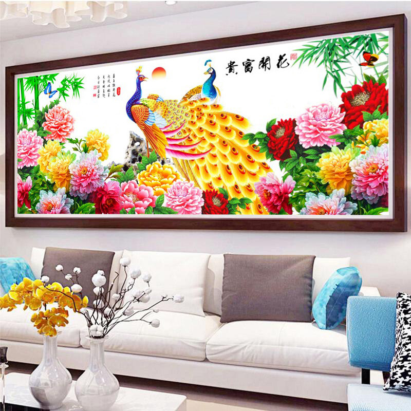 孔雀花开富贵牡丹花图自己手工十字绣绣画餐厅
