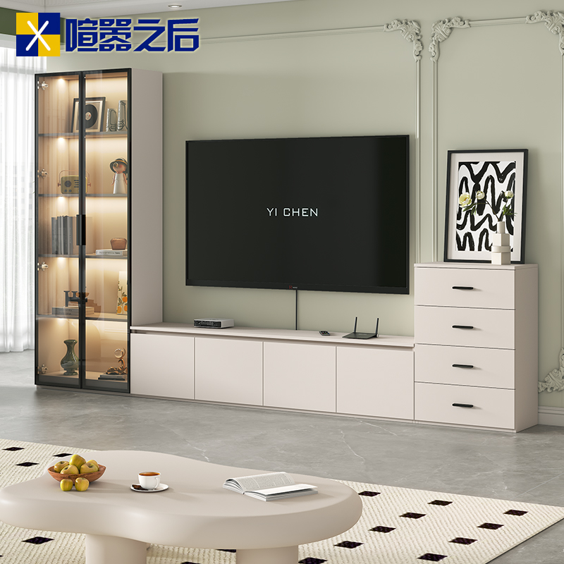 法式奶油风电视柜地台收纳柜客厅背景墙组合柜U型收纳柜边柜8D76
