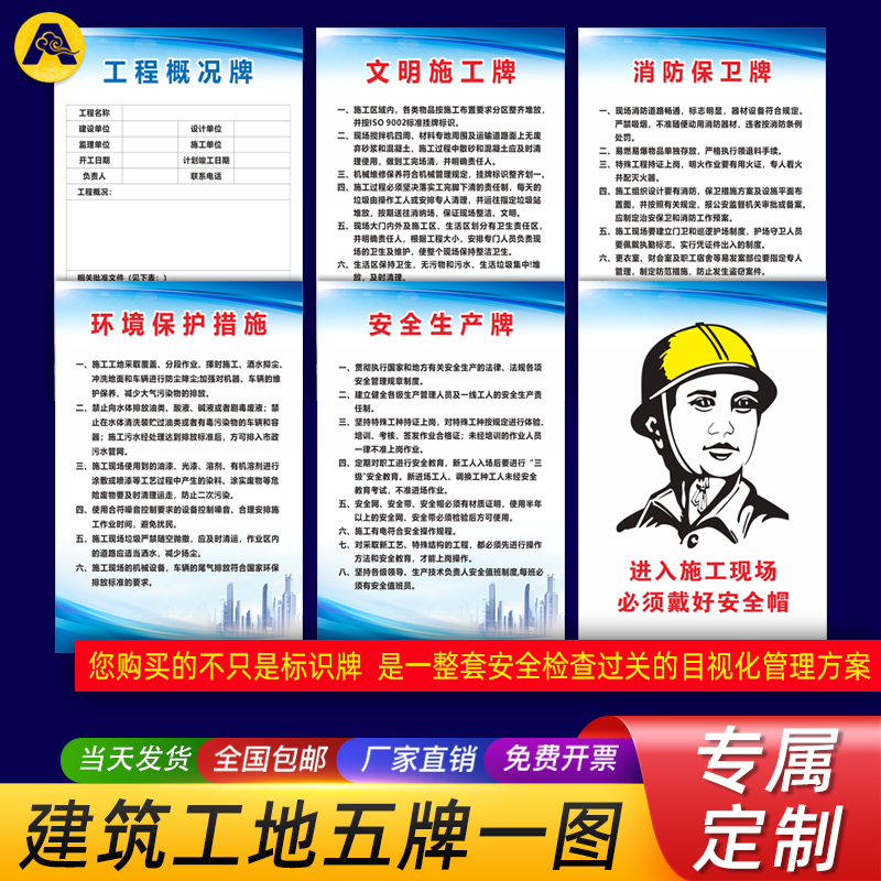建筑五牌一图工地安全标识牌围挡施工警示牌晴雨表八大员岗位职责