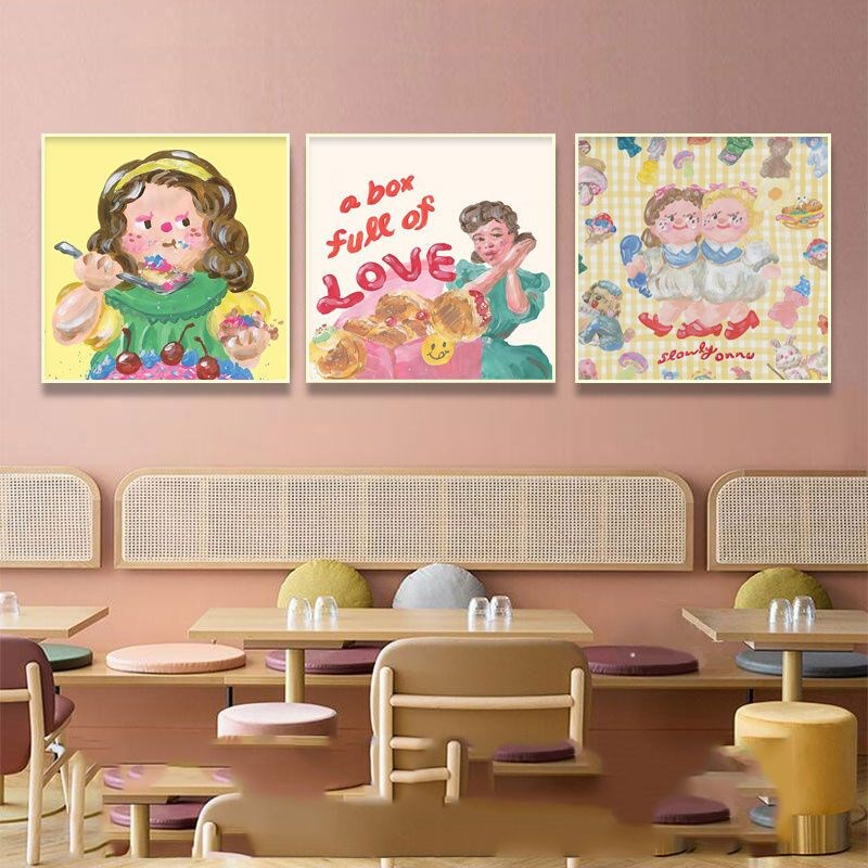 蛋糕店墙面装饰画可爱治愈少女奶油风系卡通儿童房卧室正方形挂画图片