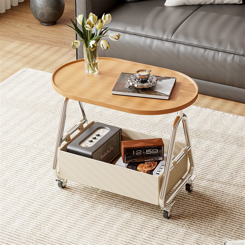 客厅可移动沙发边几茶几实木椭圆桌子奶油风推车简约床头侧边柜