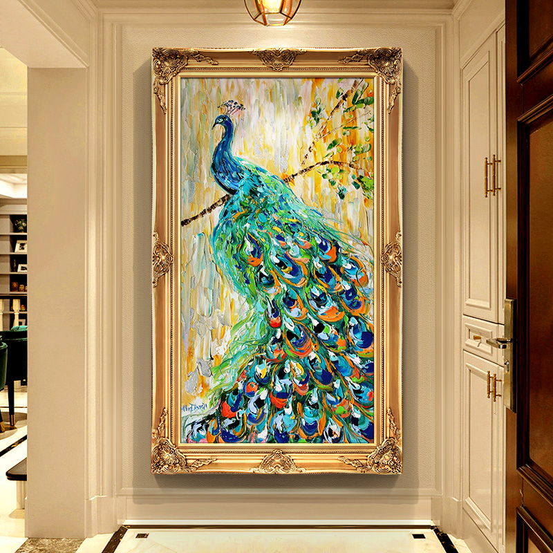 大芬村纯手绘欧式定制孔雀油画玄关走廊竖版挂画别墅现代装饰画图片
