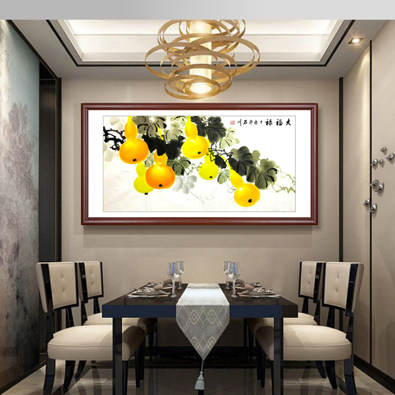 葫芦挂画现代中式餐厅饭厅装饰画单幅国画福禄图五福临门壁画