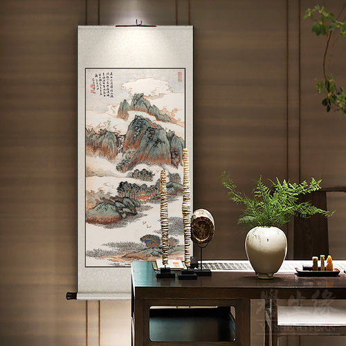 陆俨少山水画新中式卷轴挂画竖版玄关过道装饰画餐厅书房壁画