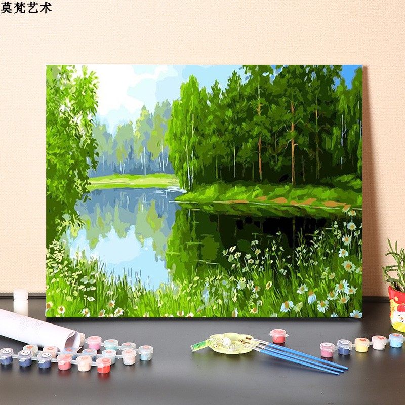 数字油画填绿色树林手工填色涂色画手绘春天风景画油彩画画